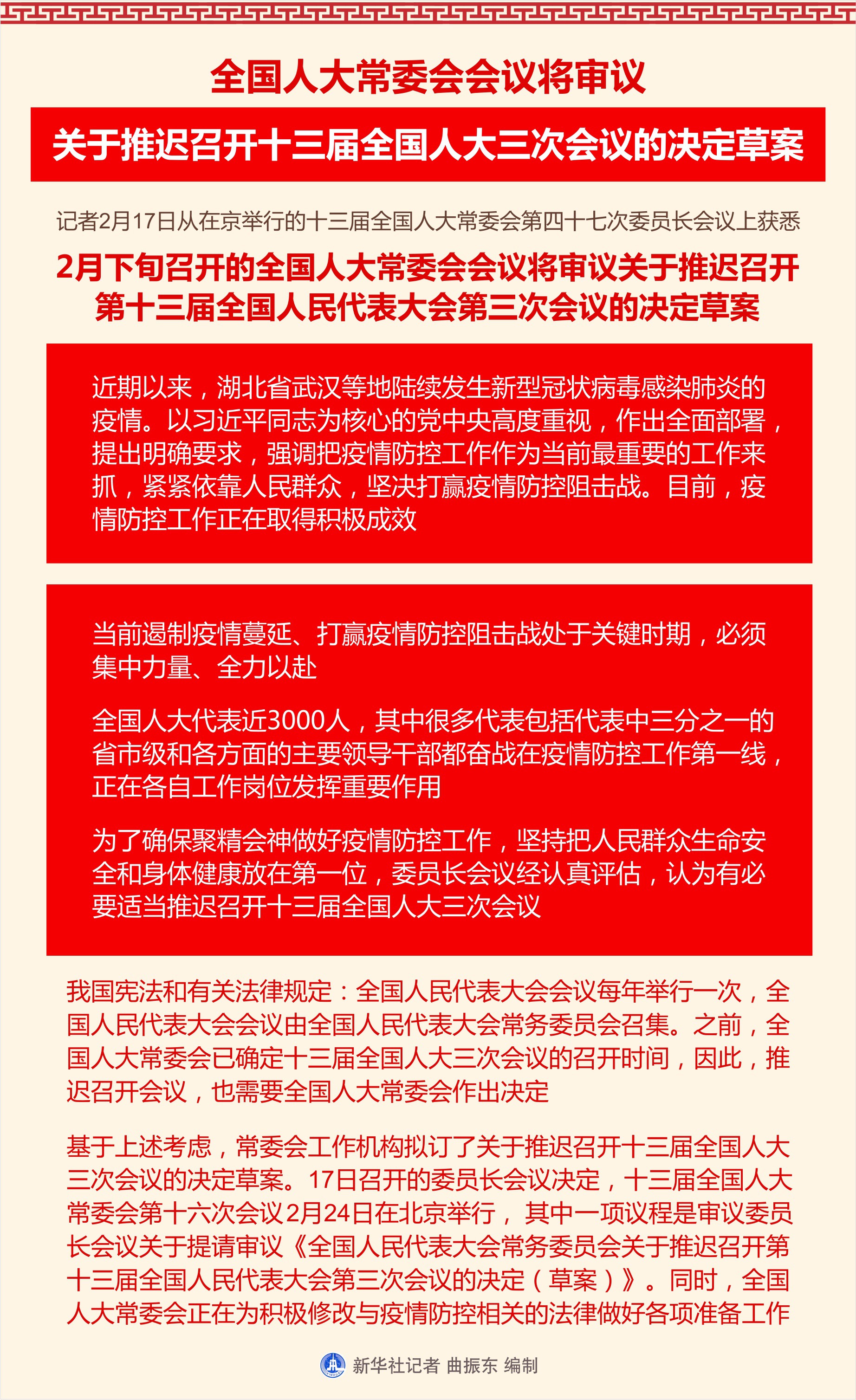 全國人大常委會會議將審議關(guān)于推遲召開十三屆全國人大三次會議的決定草案